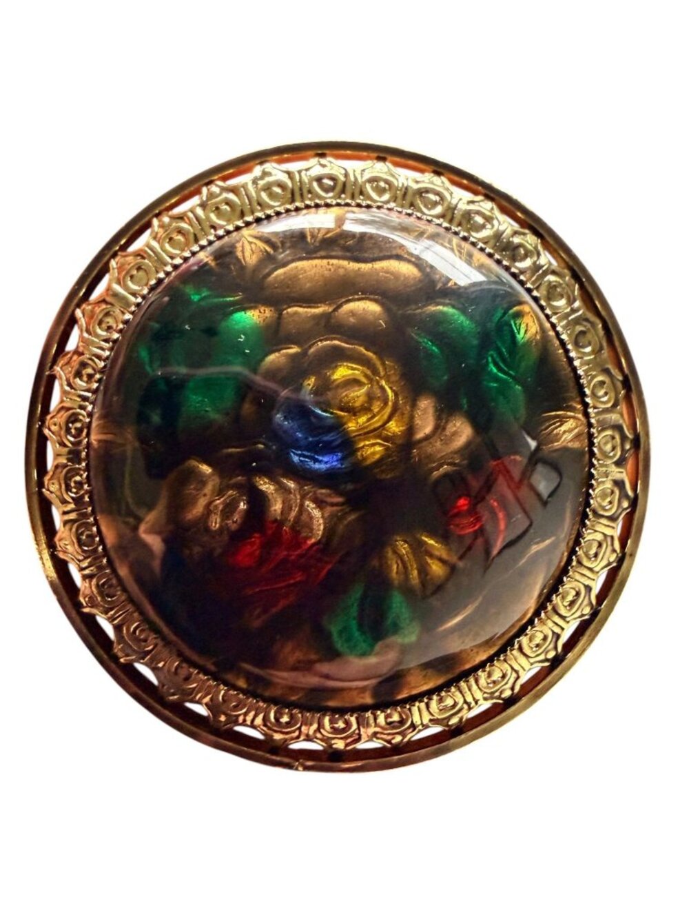 Vintage Reverse Carved Lucite Brooch Gold Tone Floral Pin 1950s New Old Stock